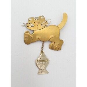 Vintage Cat Brooch Gold And Silver Tone Metal Kitten With Dangling‎ Fish 2"